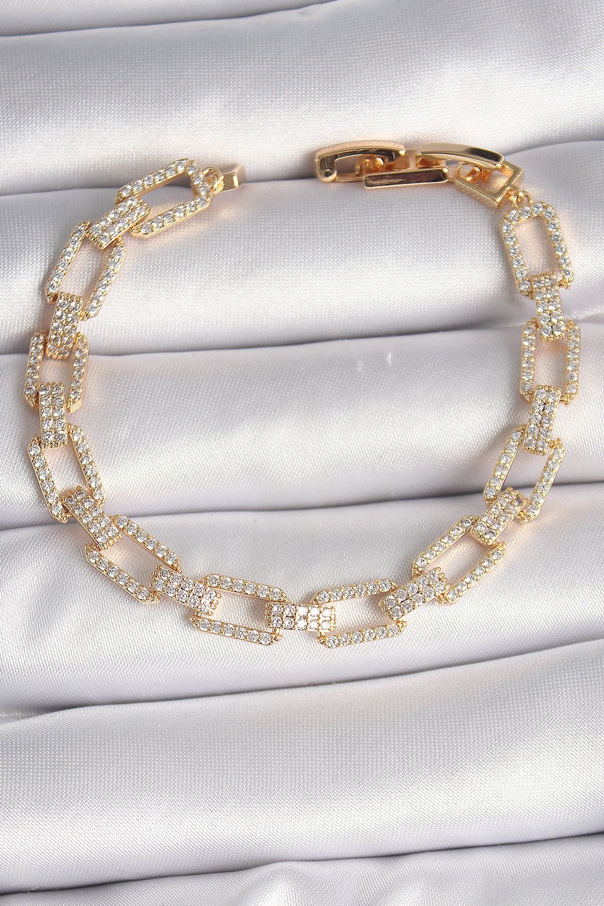 MMB Boutique Pirinç Gold Renk Zirkon Taşlı Zincir Model VIP Seri Kadın Bileklik