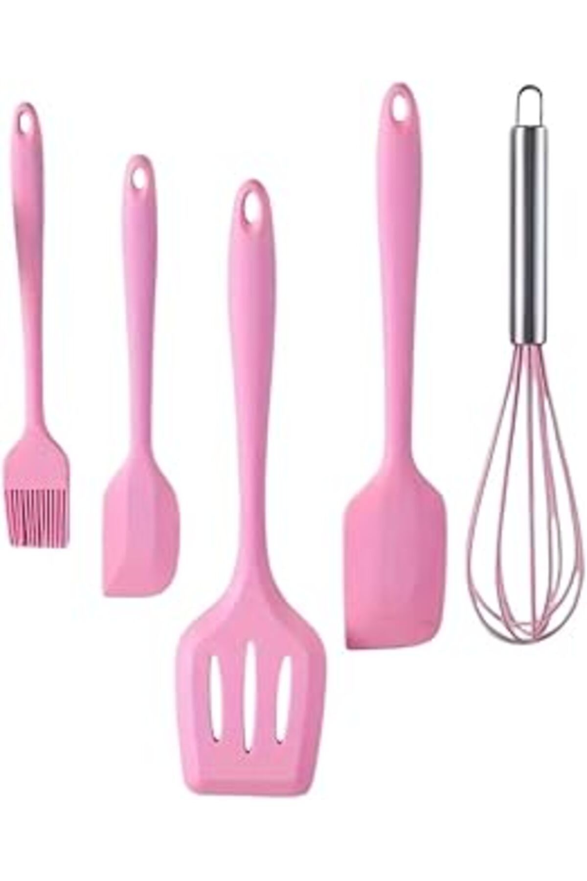 Pazarcan 5 Parça Silikon Mutfak Seti, Isıya Dayanıklı, Yapışmaz, Pembe, Çırpıcı Ve Spatula Takımı