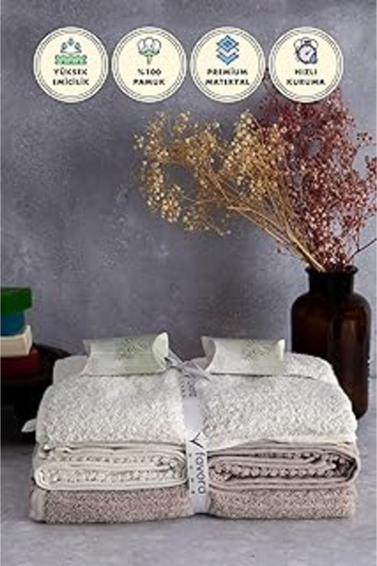 Mu Art Line%100 Pamuk Luxury 6 Parça Havlu Hamam Seti (Bej Krem)