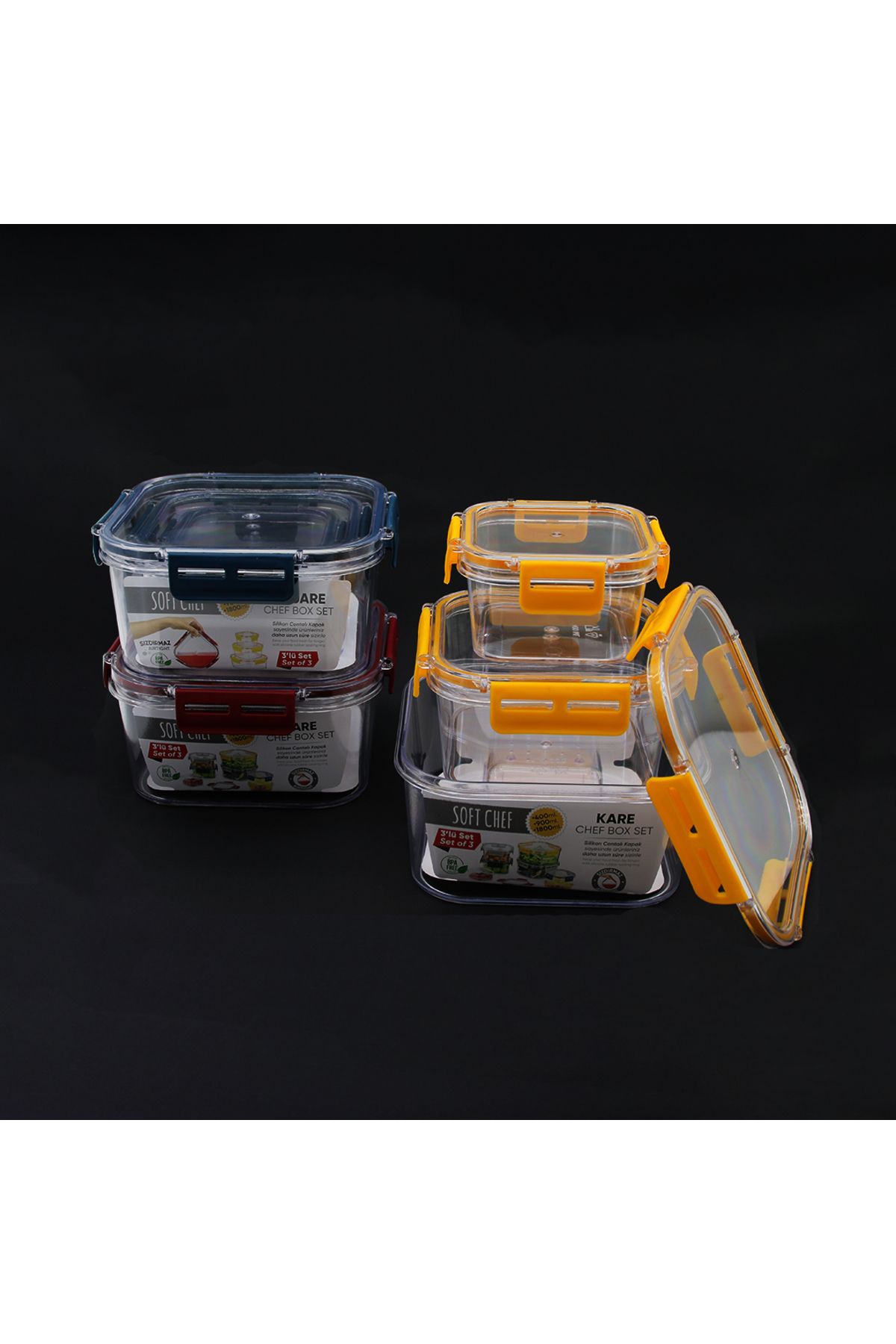 Shop58 3 PARÇA KARE MİKA SAKLAMA KABI SETİ SİLİKON CONTALI KAPAK 400-900-1800ML (4172)
