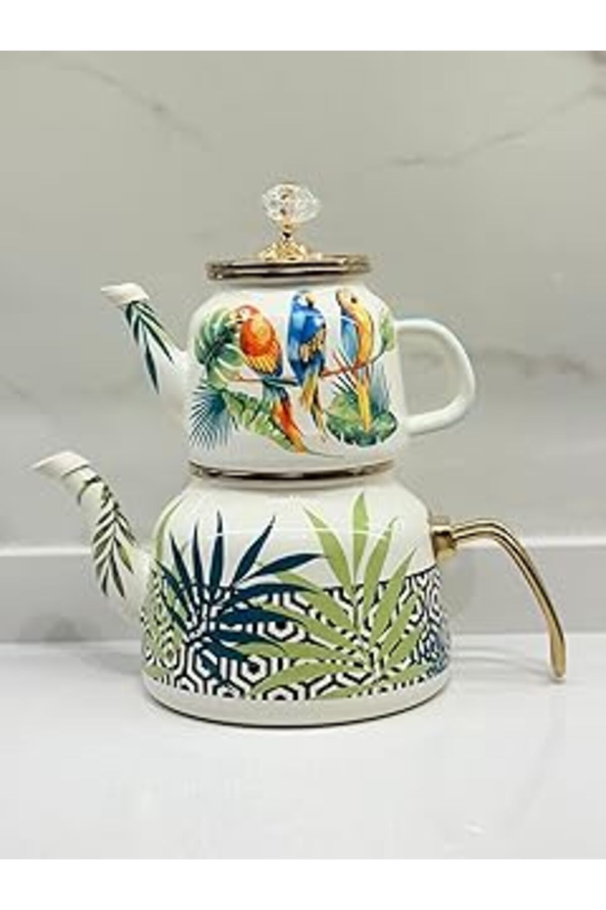 Mu Art Ahşap Vintage Papağan Desenli Emaye Kaplama Çaydanlık Takımı