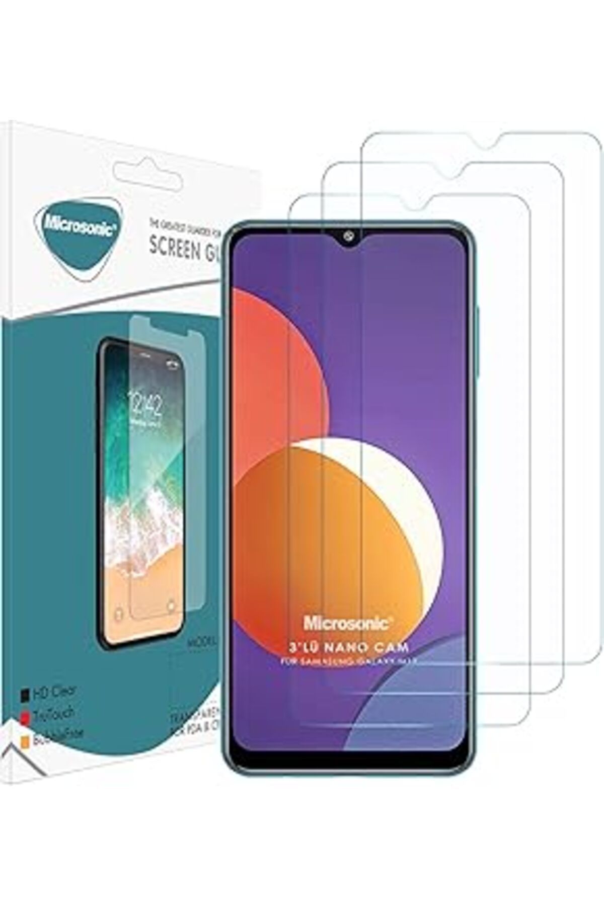Pazarcan Microsonic Samsung Galaxy M12 Screen Protector Nano Glass Cam Ekran Koruyucu (3'Lü Paket) [Galaxy M