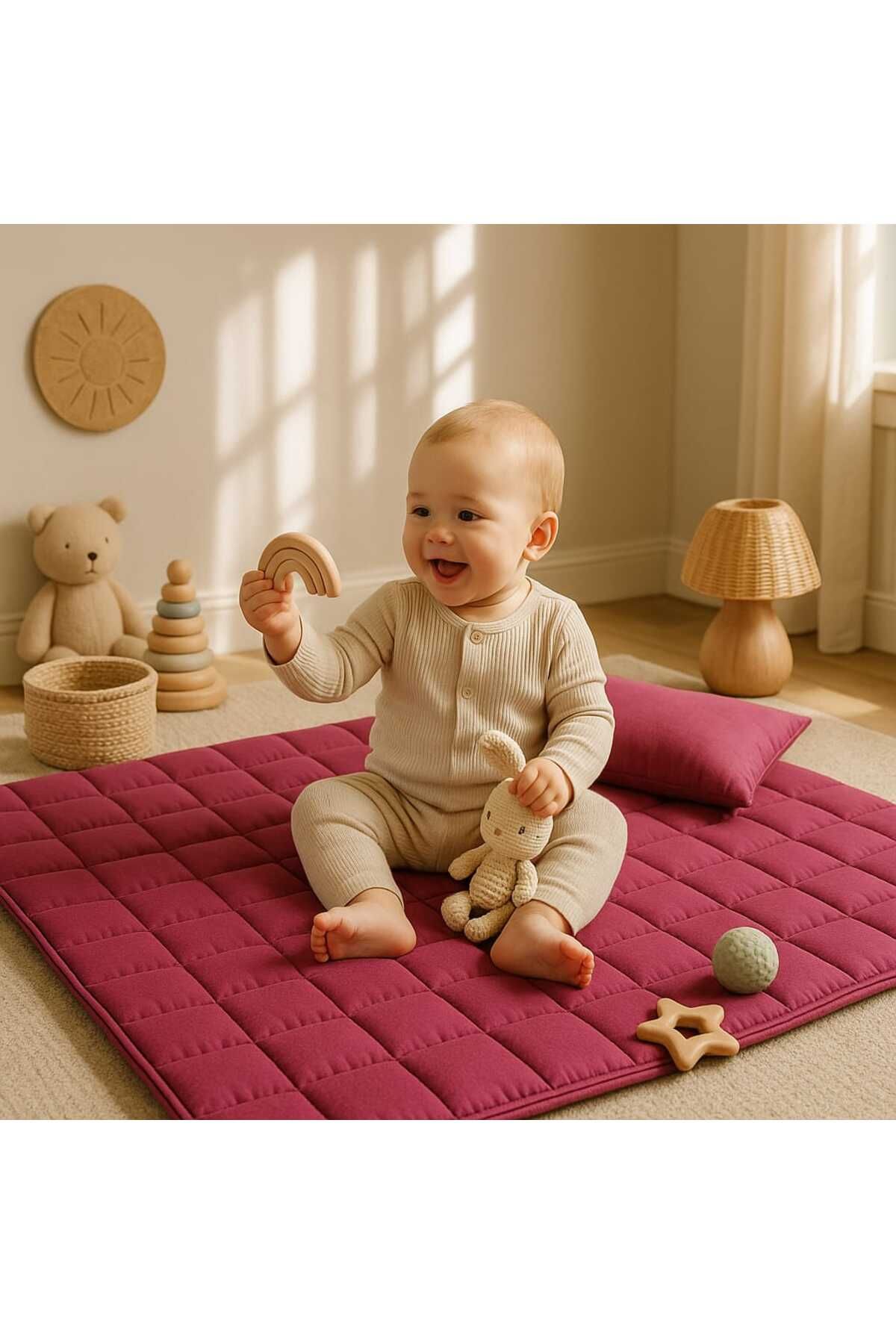 Mayras Cotton Baby Mayras %100 Pamuklu Bebek Çantalı Oyun Minderi ve Yastık Takımı 110x110 cm Minder + 25x35 cm Yastık