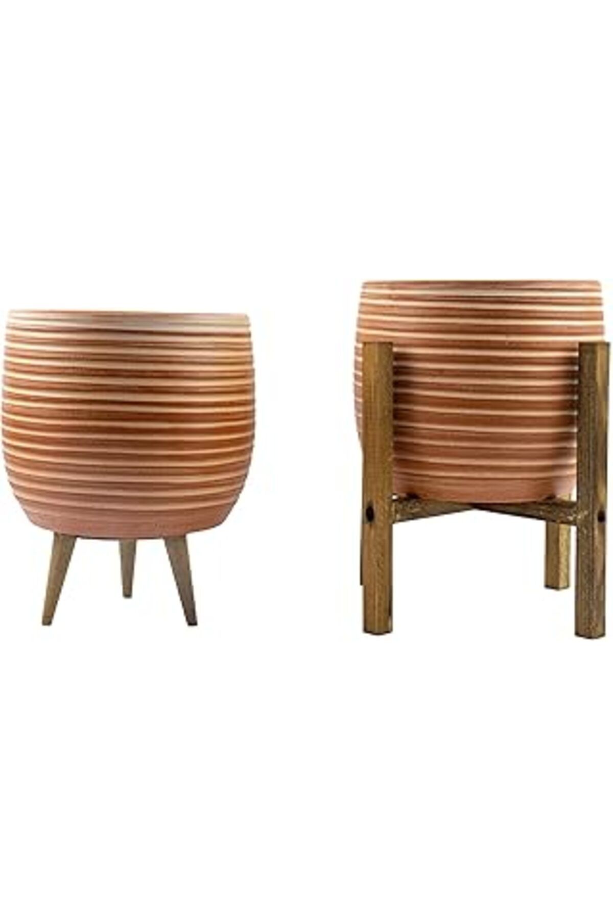 Mu Art Ahşap Bitki Tasarımı Ev Dekorasyon Yan Çizgi Desenli Toprak Saksı Saksılık Salon Çiçeklik İkili Set 3 Aya