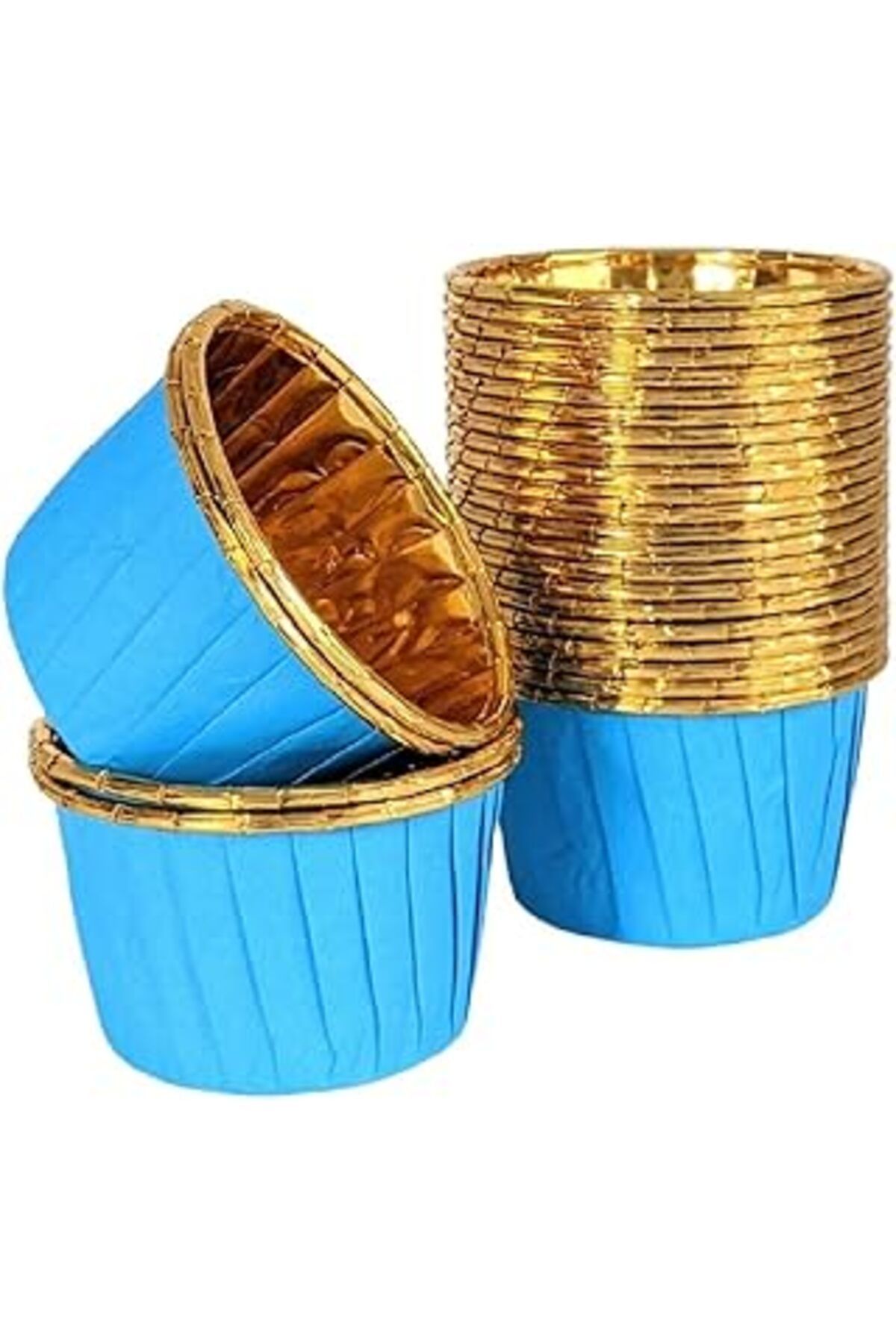 Pazarcan Trend Hediye Sepeti 25'Li Mavi Gold Muffin Kek Kalıbı, Kek Kapsülü Cupcake Kalıbı, Airfryer Uyumlu
