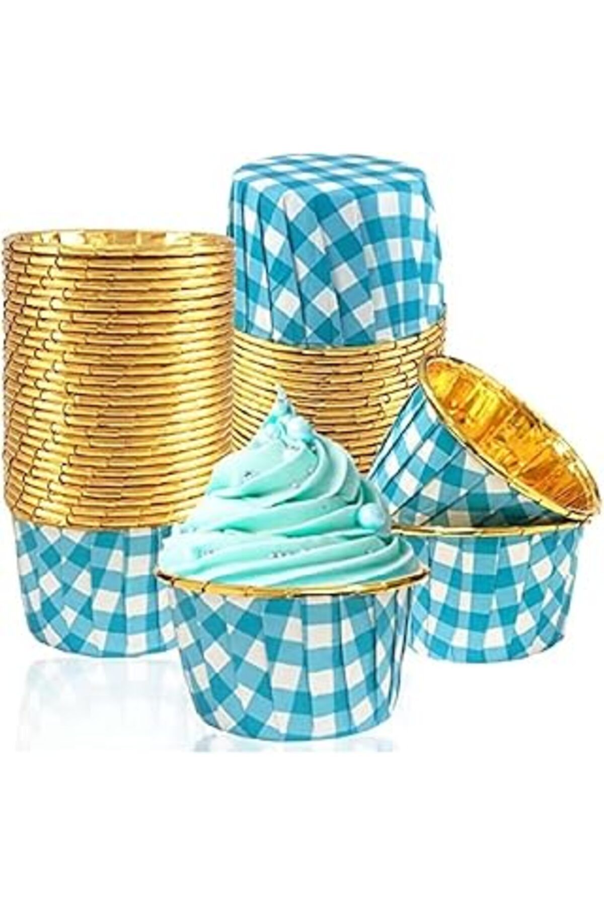 Pazarcan Trend Hediye Sepeti 25'Li Mavi Gold Ekoseli Mavi Pötikare Muffin Kek Kalıbı, Kek Kapsülü Cupcake Ka
