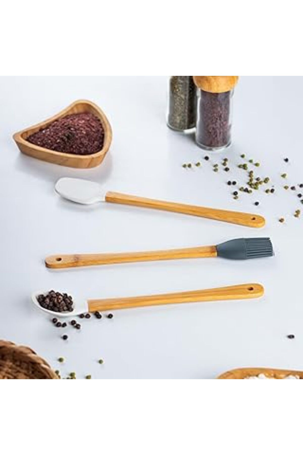 Pazarcan Porsima Mıen 3 Parça Mini Silikon Kaşık Spatula Fırça - Yanmaz Yapışmaz Hazırlık Seti - 23 Cm