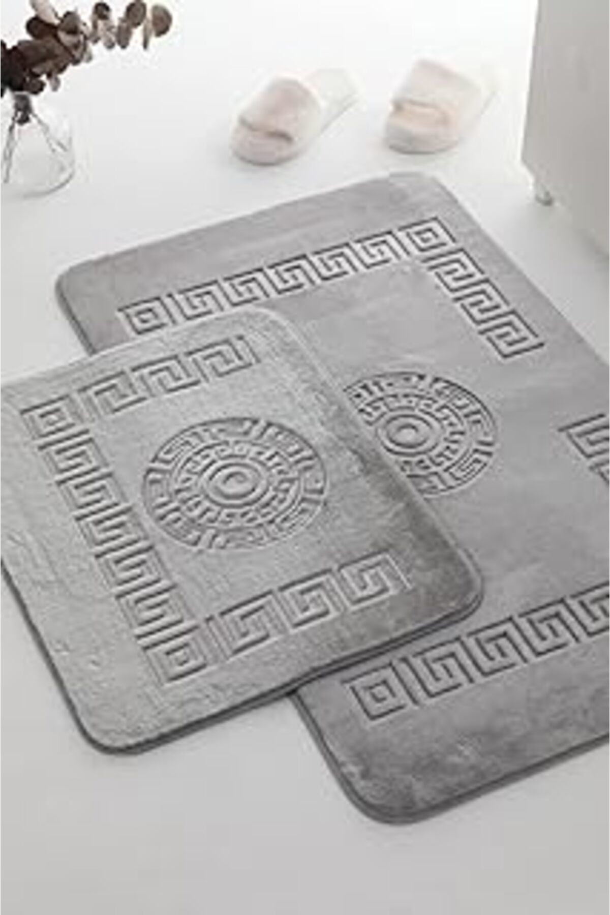 Mu Art Favora Tavşan Tüyü Desenli 2Li Paspas Takımı - Gri