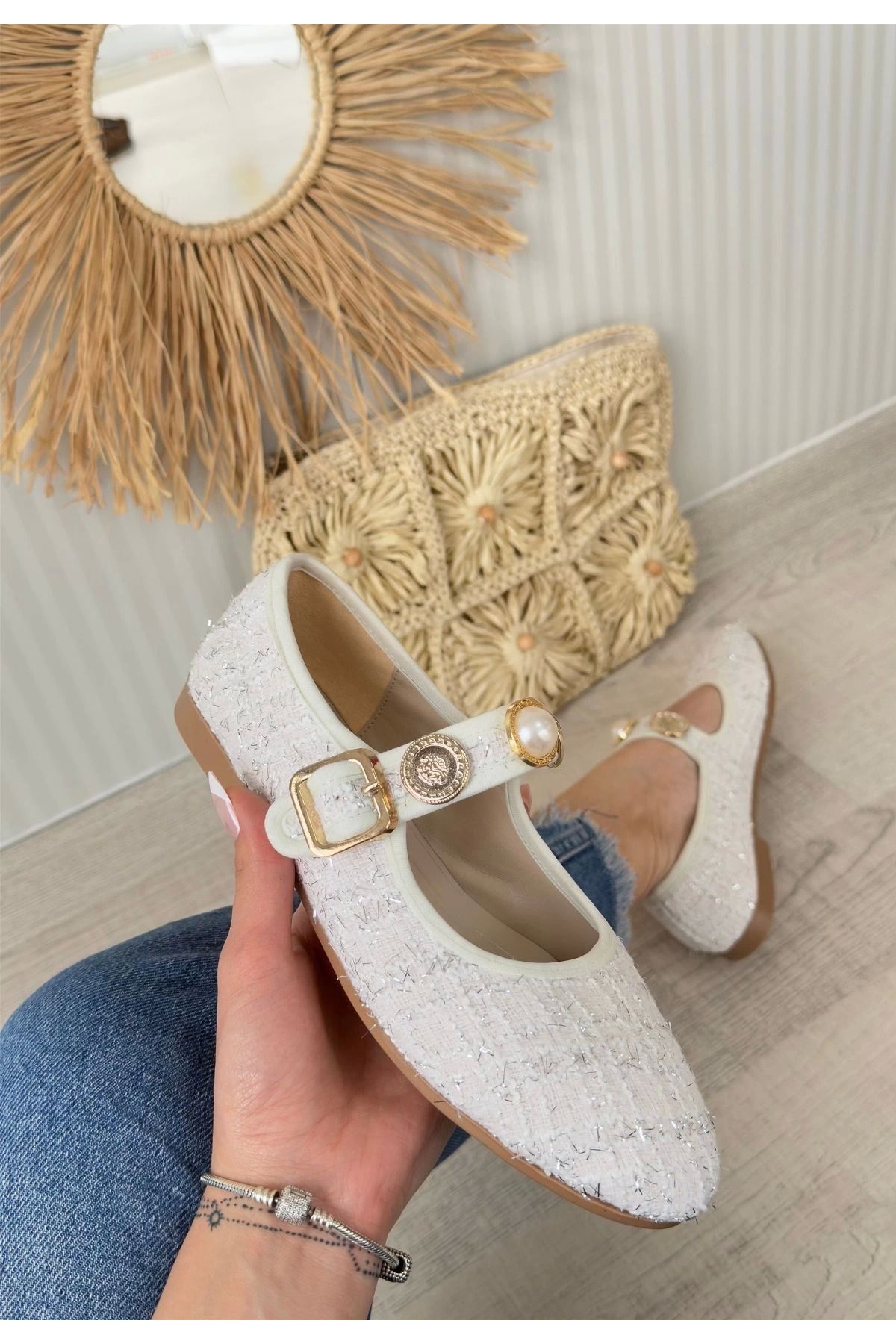 Shop58 Hante Beyaz Keten Taşlı Babet Ayakkabı