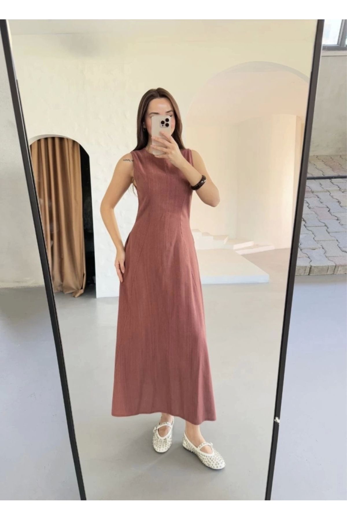 Butik Keten Uzun Kolsuz Elbise- Gül Kurusu