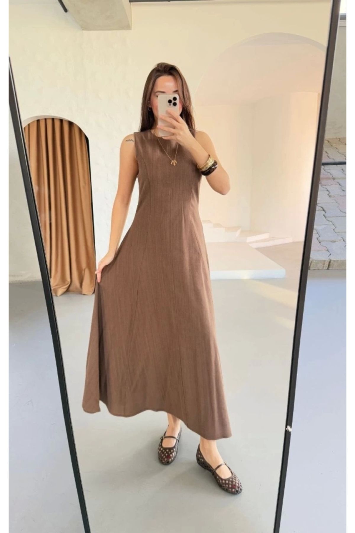 Butik Keten Uzun Kolsuz Elbise- Kahverengi