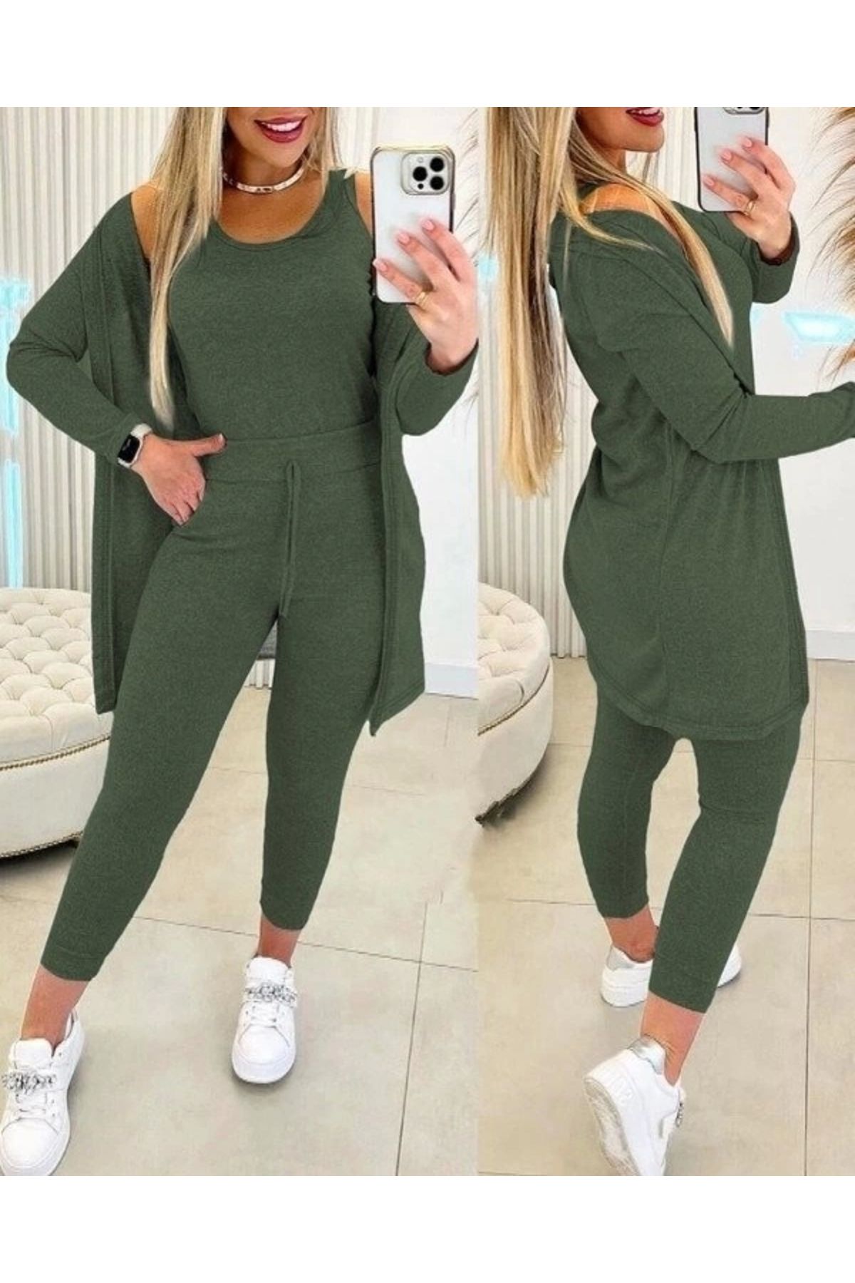 Butik Kadın Uzun Kollu Hırka Atlet Ve Eşofman Yün Viskon üçlü Takım