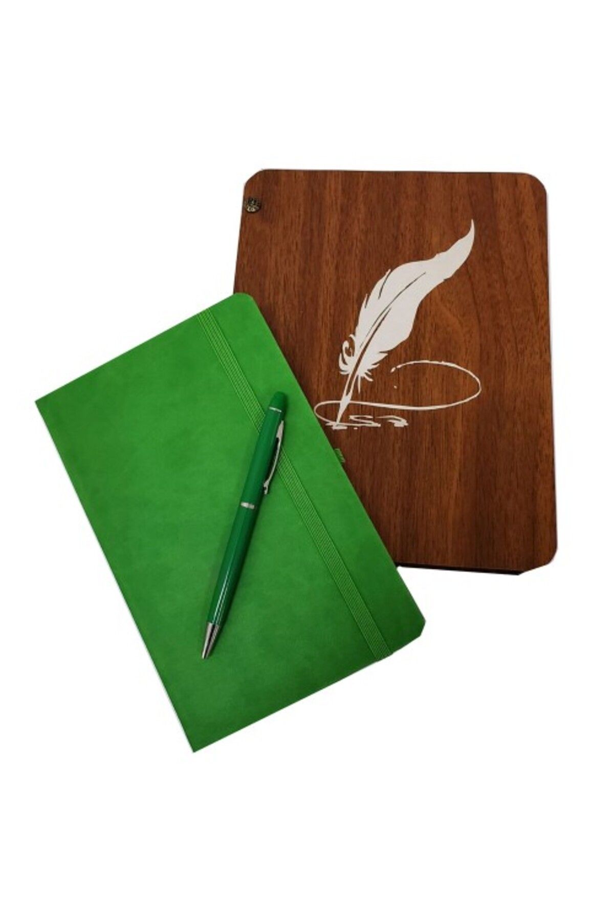 Shop58 Dekoratif Yeşil Deri Kaplama Defter Ahşap Kutulu Hediyelik Vip Set