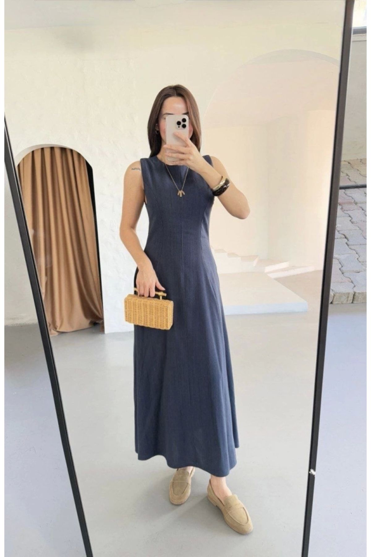 Butik Keten Uzun Kolsuz Elbise- Mavi