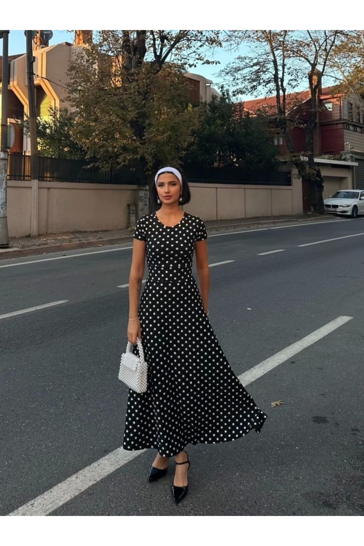 Butik Kadın Kısa Kollu Bisiklet Yaka Puantiyeli Maksi örme Krep Elbise