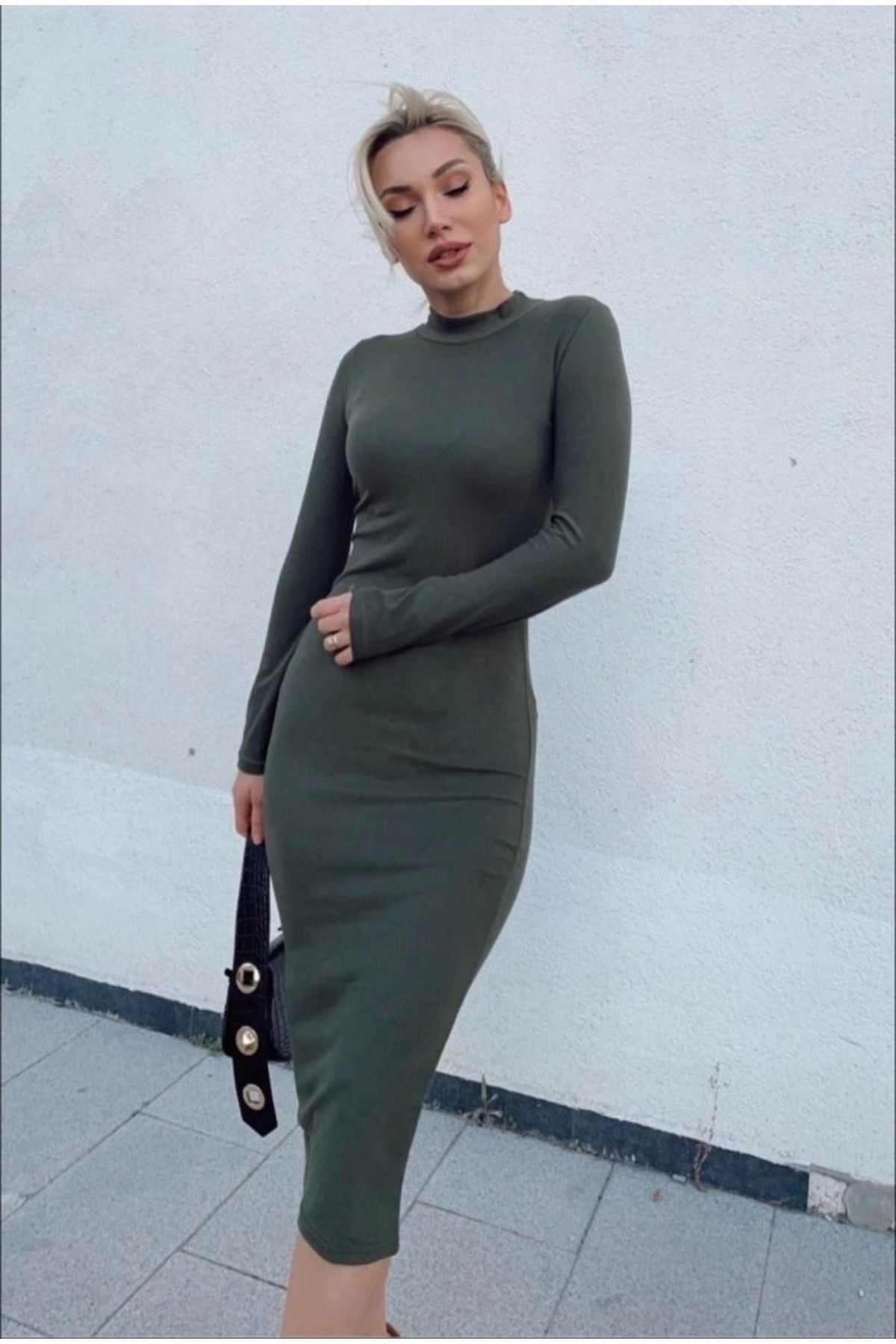 nedo7 Kadın Yarım Balıkçı Yaka Süet Kumaş Fırsat ürün Midi Boy Elbise