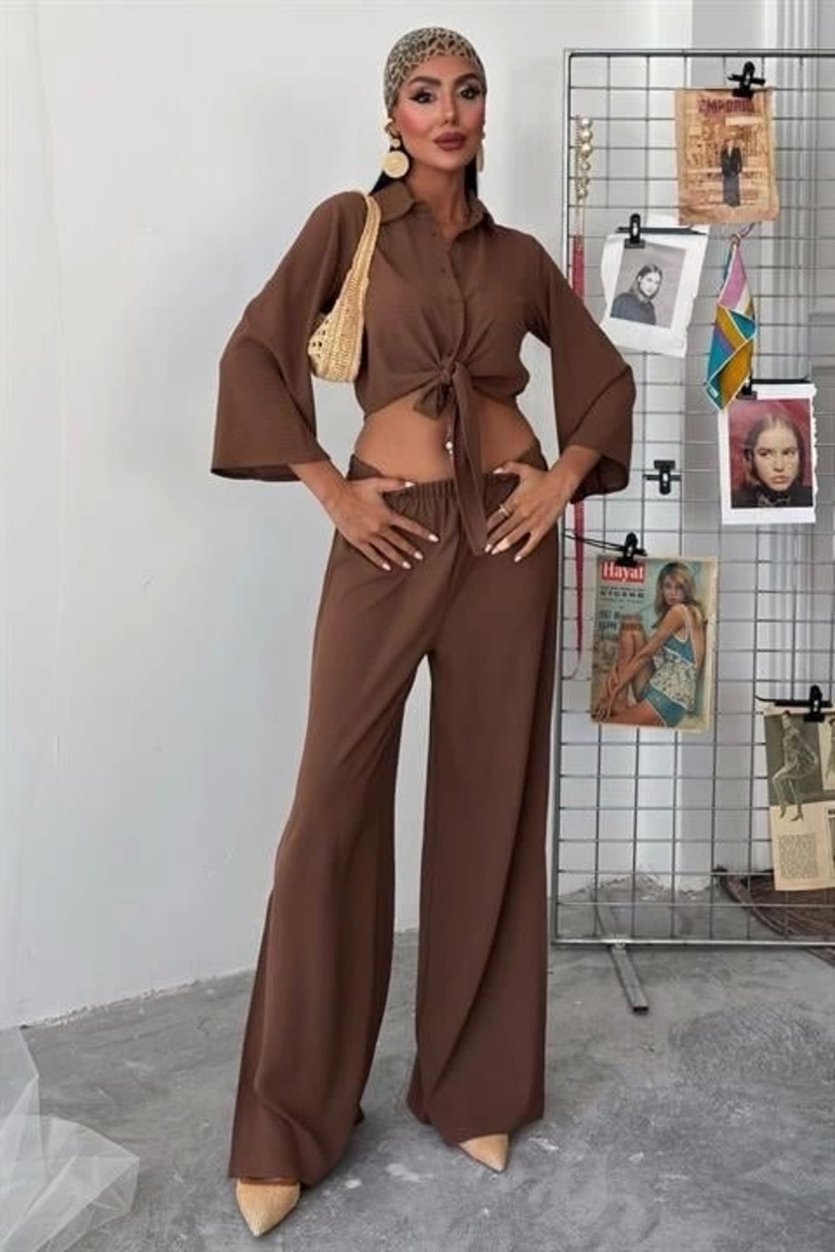 Butik Bağlamalı Gömlek Ve Yırtmaç Pantolonlu Ayrobin Takım