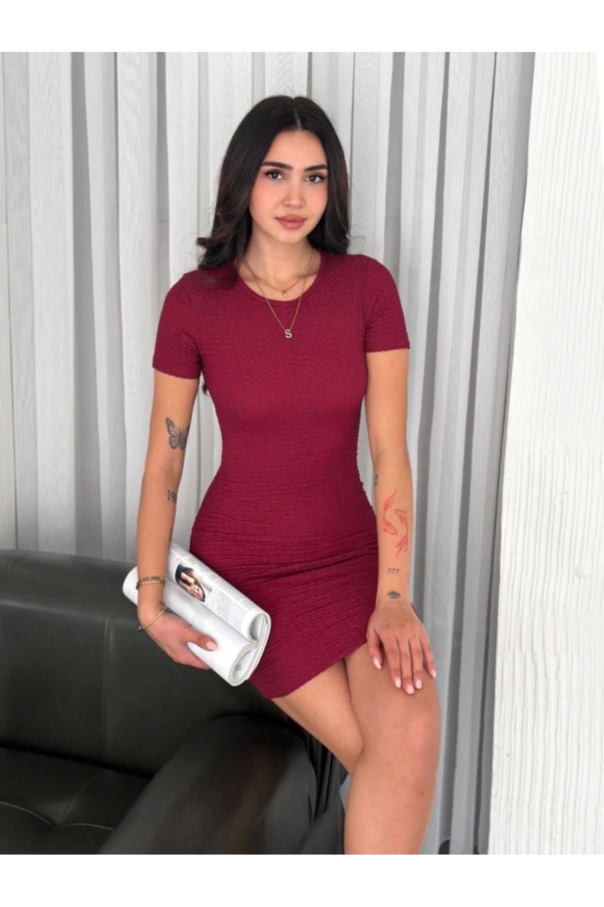 nedo7 Bisiklet Yaka Kısa Kol Likralı Elbise - Bordo