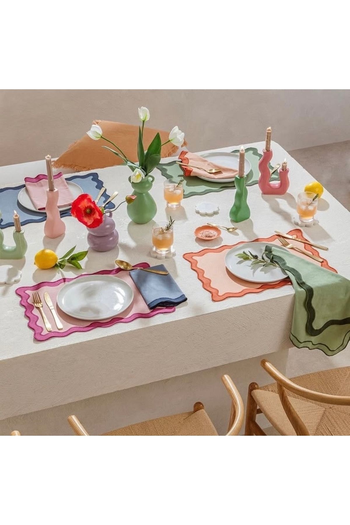 shop 2'li Amerikan Servis 35x50 Pembe ve Mavi, Çift Nakışlı %100 Pamuk Pinterest Stil Amerikan Servisi