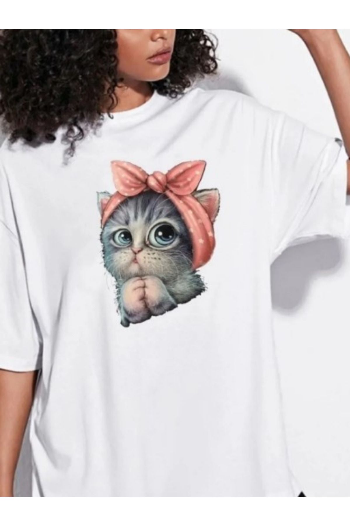 Fox Life Kids Beyaz Unisex Sevimli Minik Kedi Baskılı Pamuk Bisiklet Yaka Boyfriend Örme Oversize T-Shirt