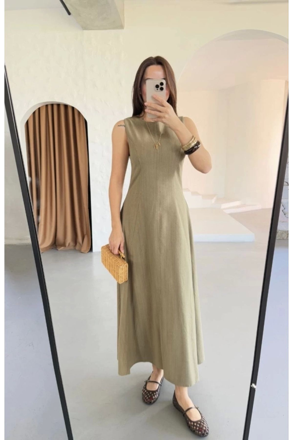 Butik Keten Uzun Kolsuz Elbise- Haki