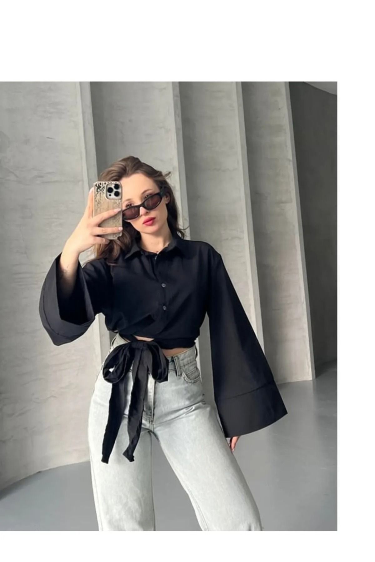 bm bessomoda fashion boutique İspanyol Kol Bağlamalı Beli Kuşaklı Gömlek