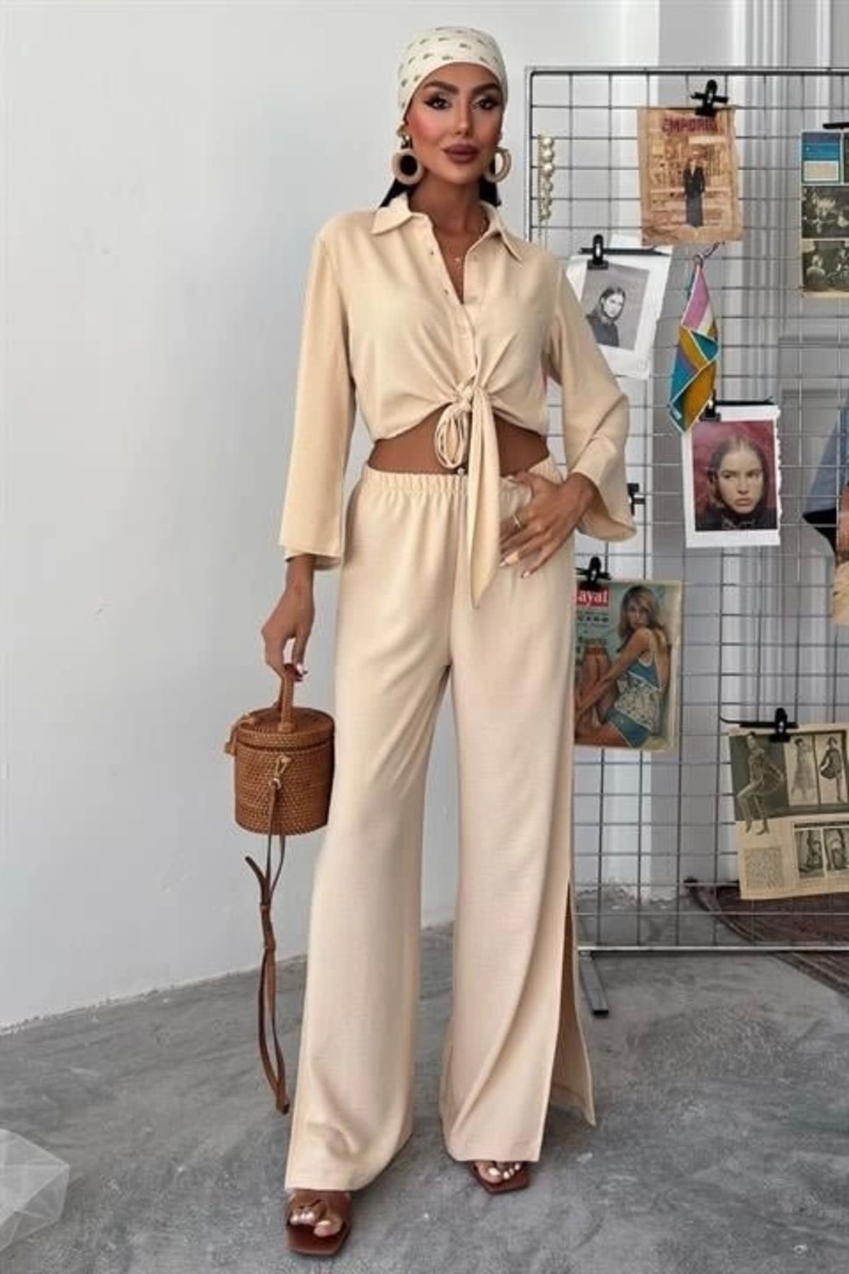 Butik Bağlamalı Gömlek Ve Yırtmaç Pantolonlu Ayrobin Takım 10179