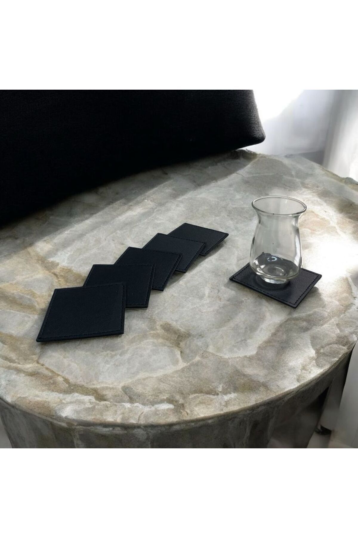 Eren Ofis Siyah 6’lı Termo Deri Özel Dikişli Bardak Altlığı - Kahve Altlığı Fincan Altlığı (8x8,5 cm)