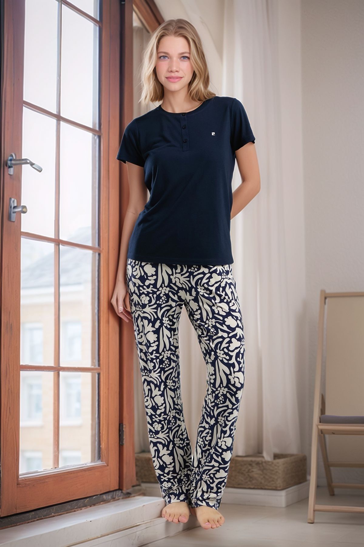 Pierre Cardin Kadın Lacivert Kısa Kol Desenli Viskon Pijama Takımı Q9P0K8C5K