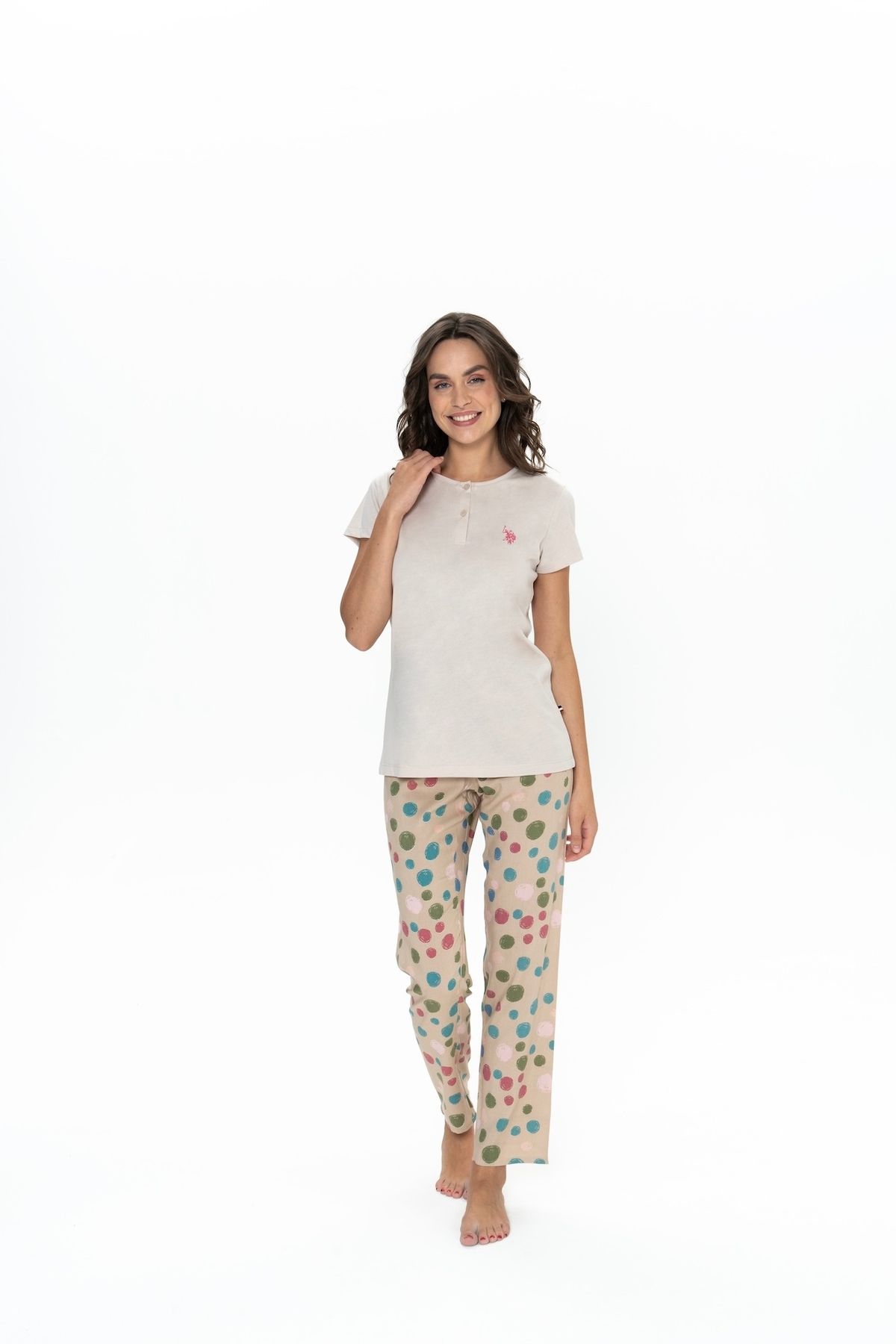 U.S. Polo Assn. U.S. Polo Assn. Kadın Bej Yarım Patlı Yaka Pijama Takımı - ARASS20W09W4W