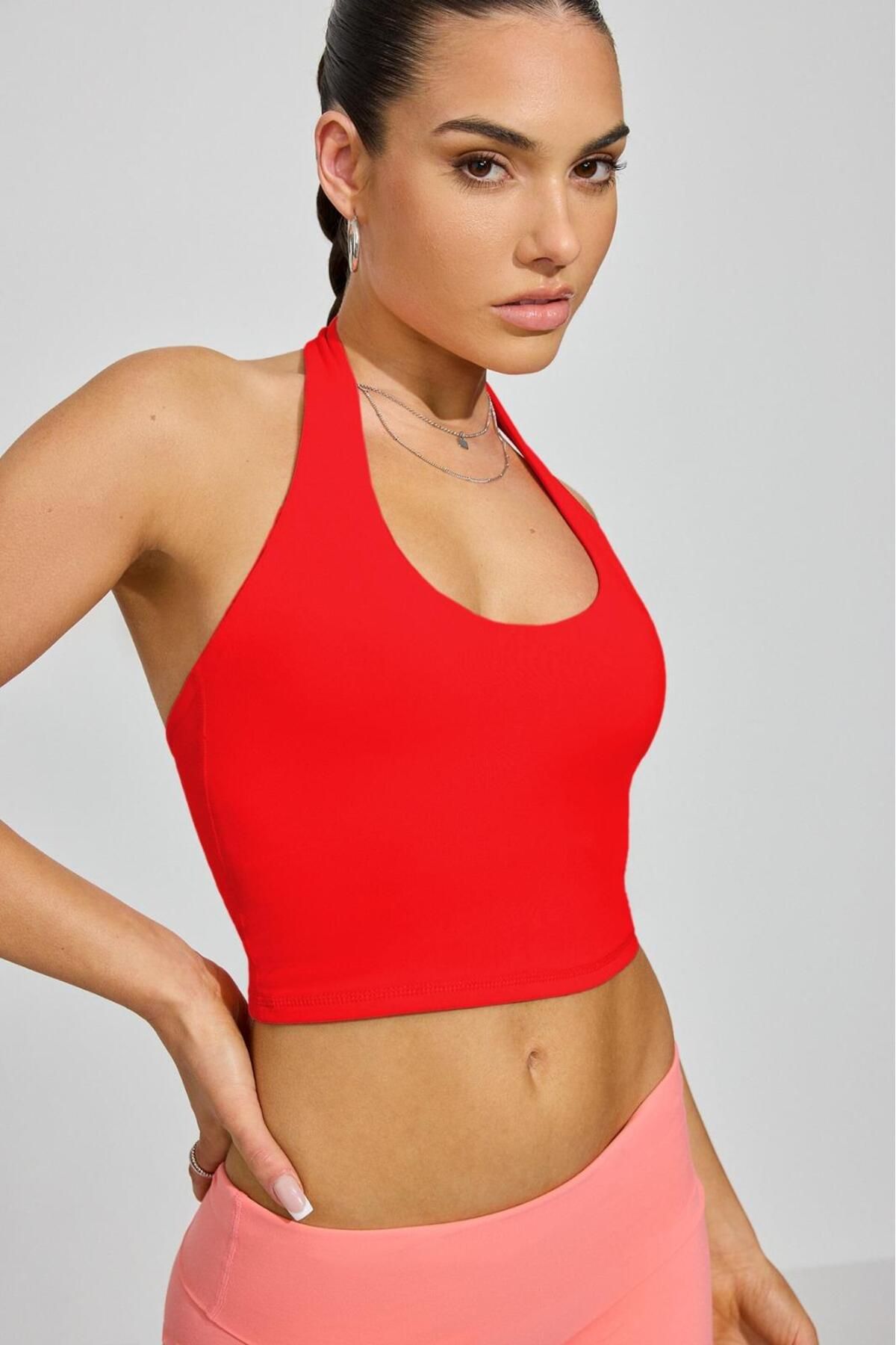 Seeh Kırmızı Halter Yaka Boyun Askılı Crop Top SH233