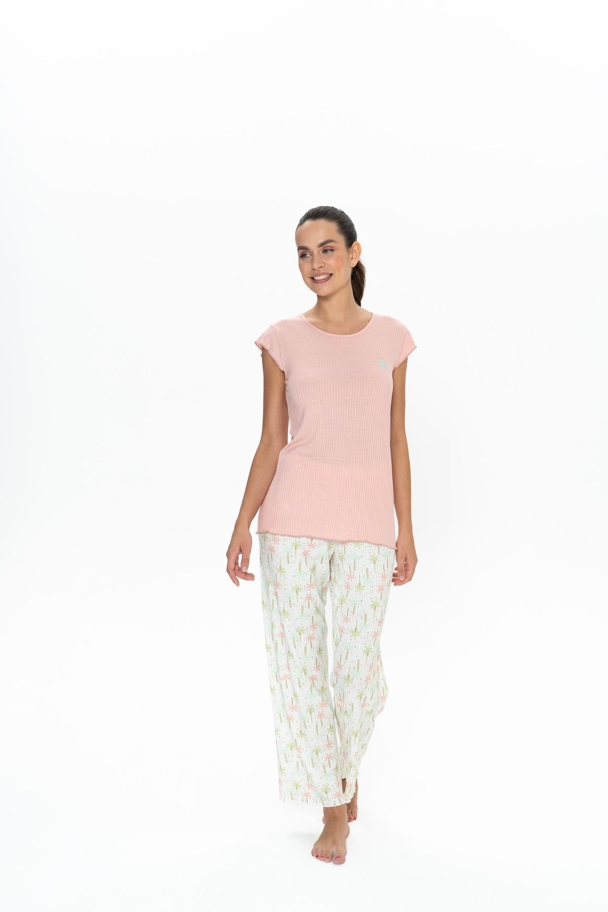 U.S. Polo Assn. U.S. Polo Assn. Kadın Somon Palmiye Desen Bisiklet Yaka Pijama Takımı - ARASS20W07W9W