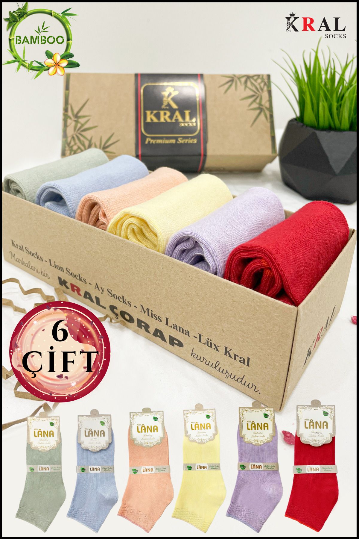KRAL SOCKS Kadın Bambu Çorap ( 6 ÇİFT) Renkli HEDİYE KUTULU Patik Kadın Çorap