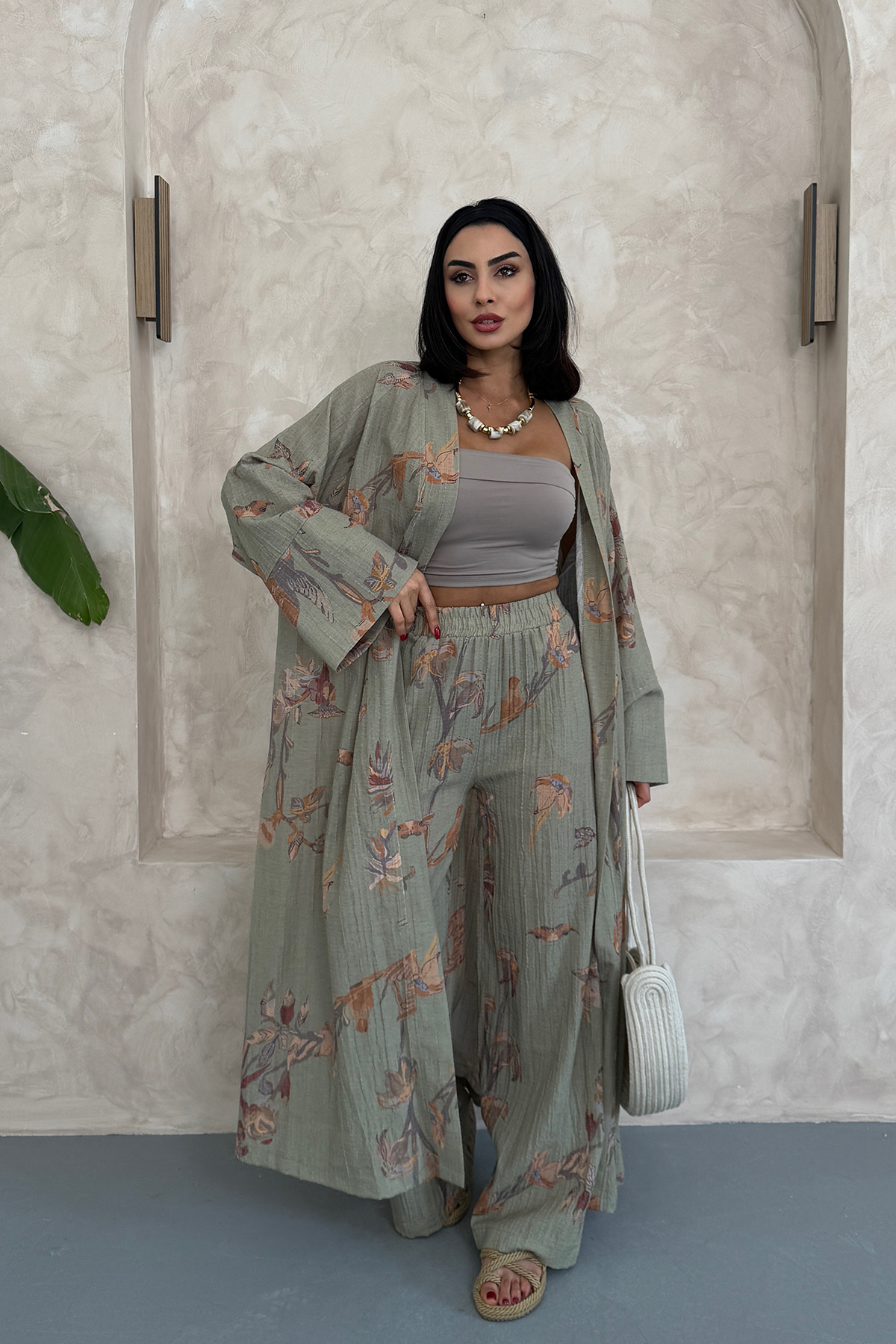 Ortaya Çık-Khaki Floral Long Bottom Top Kimono Set 6