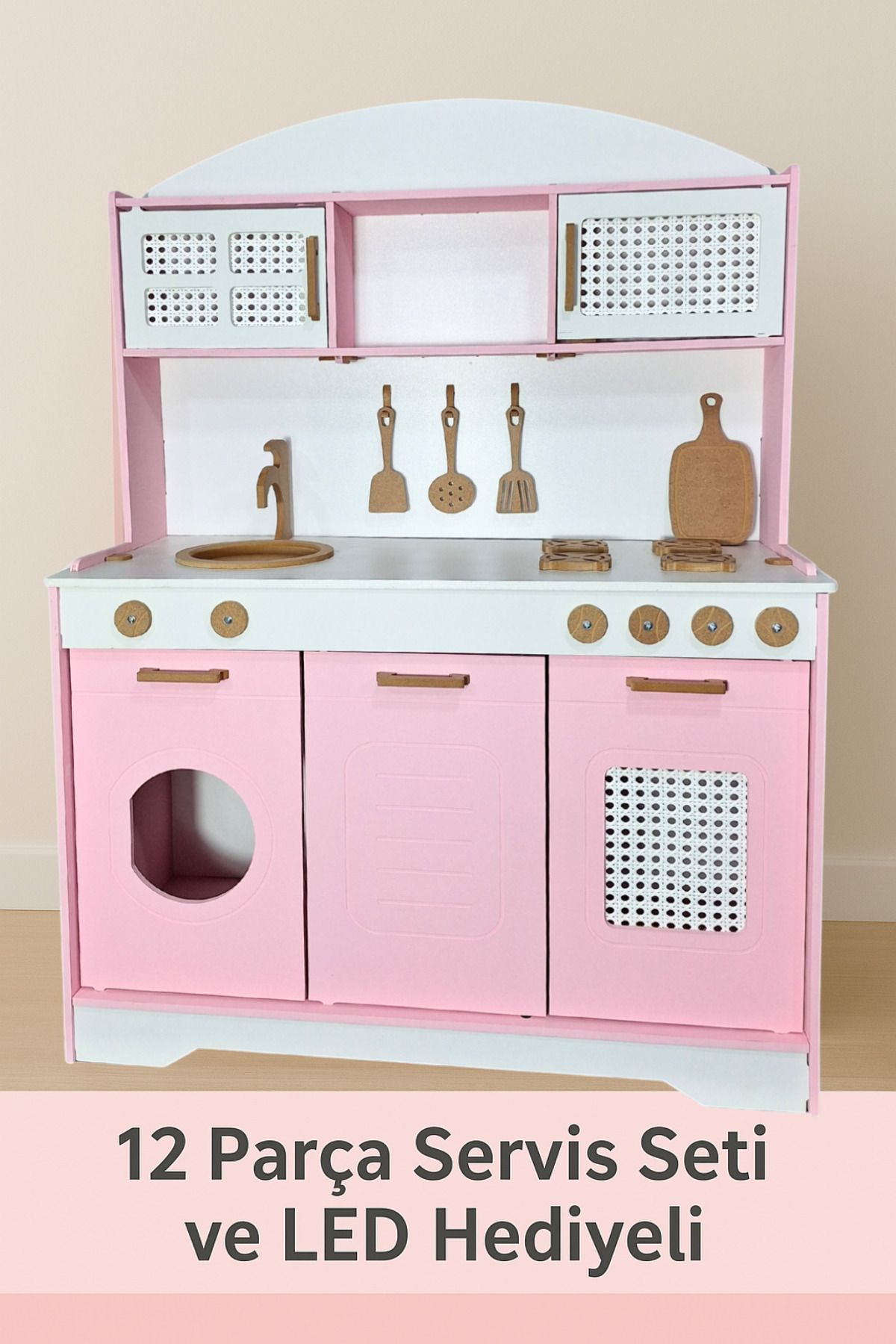 hedefixtoys Pink Wooden Toy Kitchen Serving Set and Led 12 Pieces