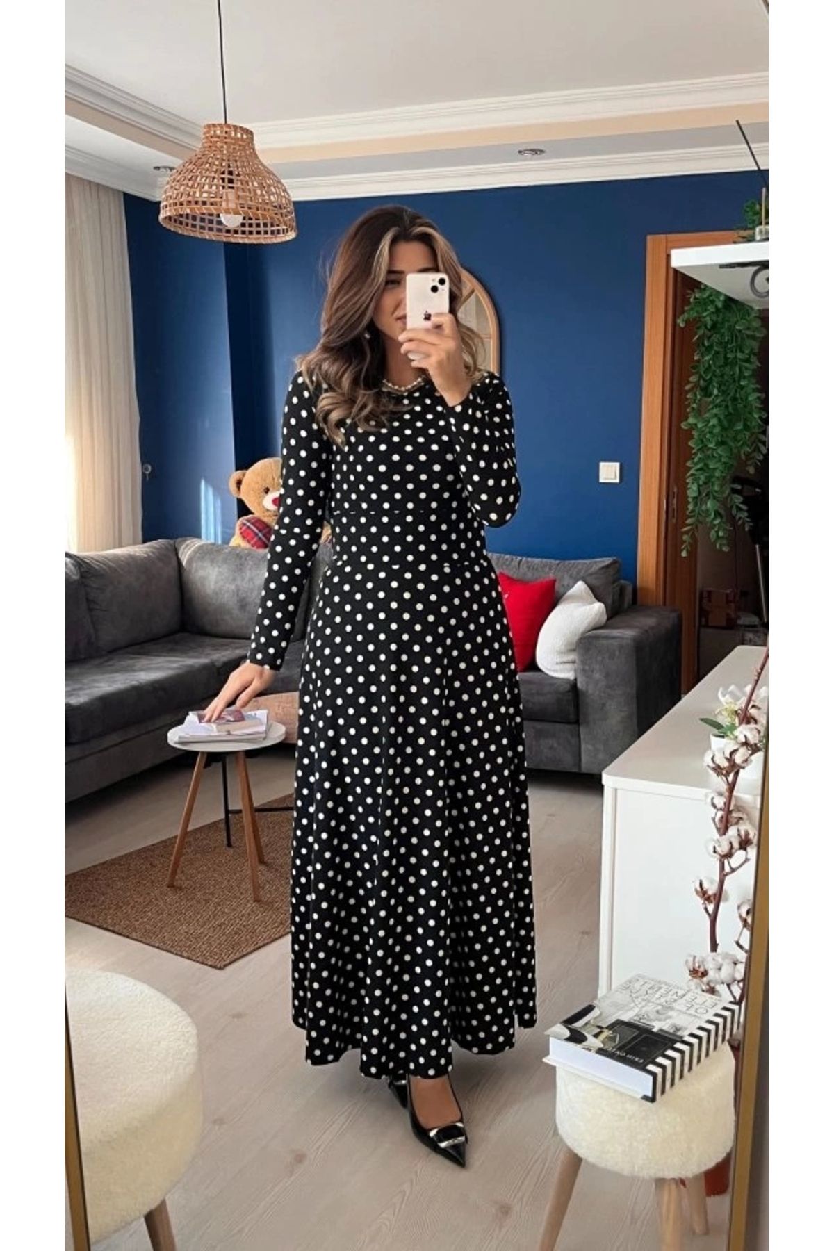 nedo7 Kadın Krep Kumaş Uzun Kollu Tam Boy Puantiyeli Elbise 132 Cm