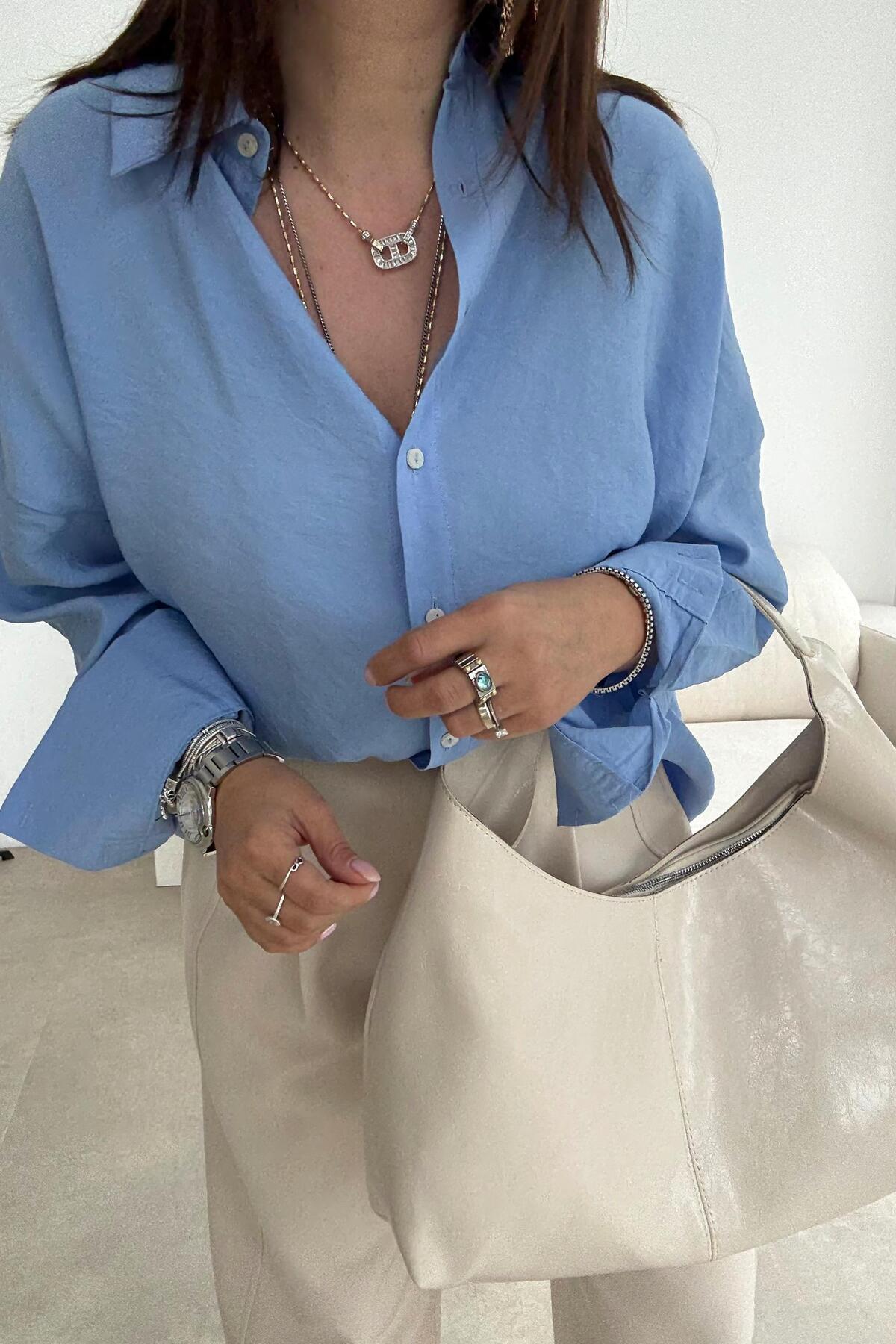 ELVAN TOLON-Blue Cuff Sleeve Tril Shirt 3