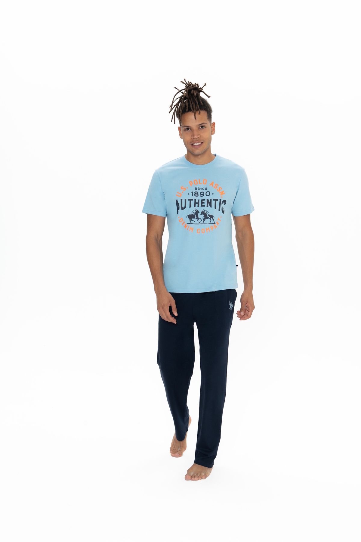 U.S. Polo Assn. U.S. Polo Assn. Erkek Düz Paça Mavi %100 Pamuk Pijama Takımı - ARASS18J90W0J