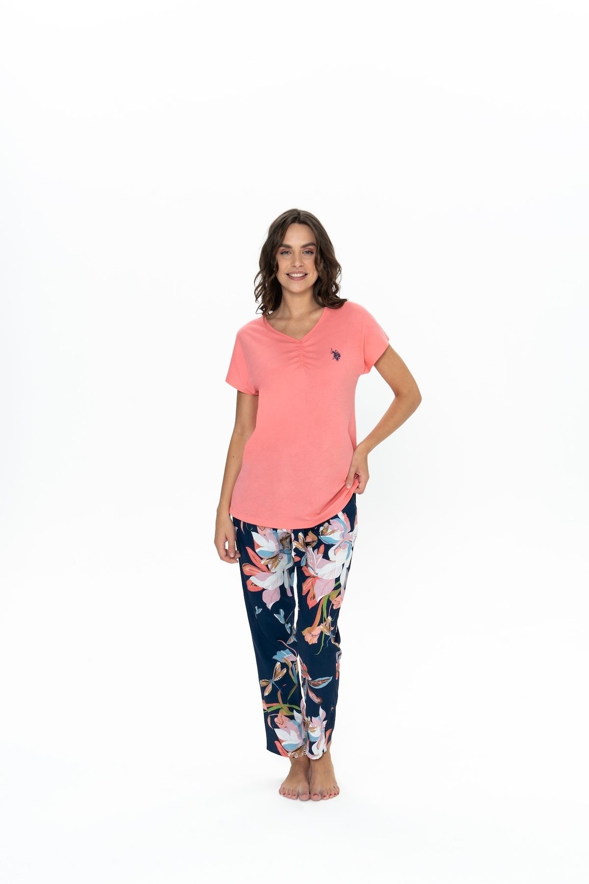 U.S. Polo Assn. U.S. Polo Assn. Kadın Pembe Renkli V Yaka Pijama Takımı - ARASS20J10W0J