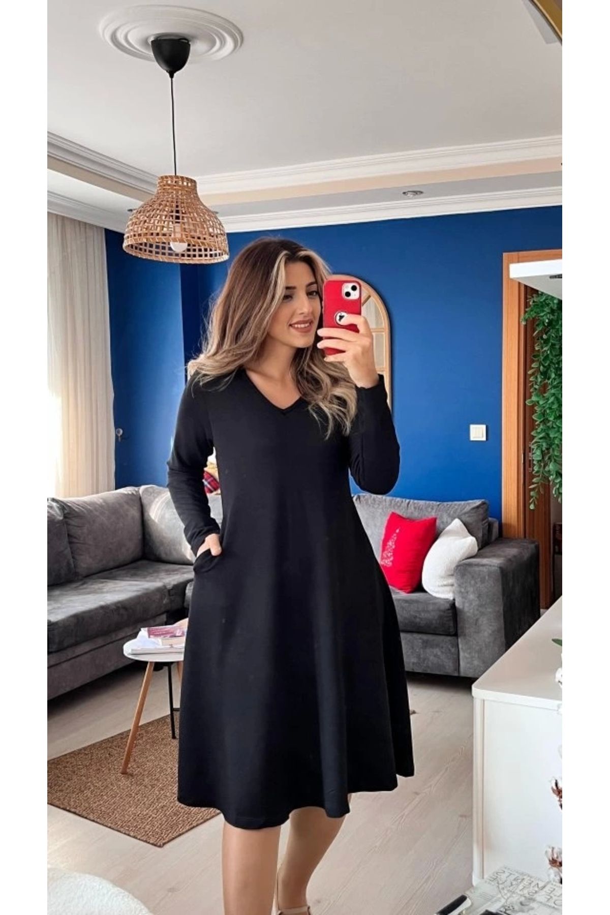 nedo7 Kadın Uzun Kollu V Yakalı Salaş Midi Iki Iplik Elbise
