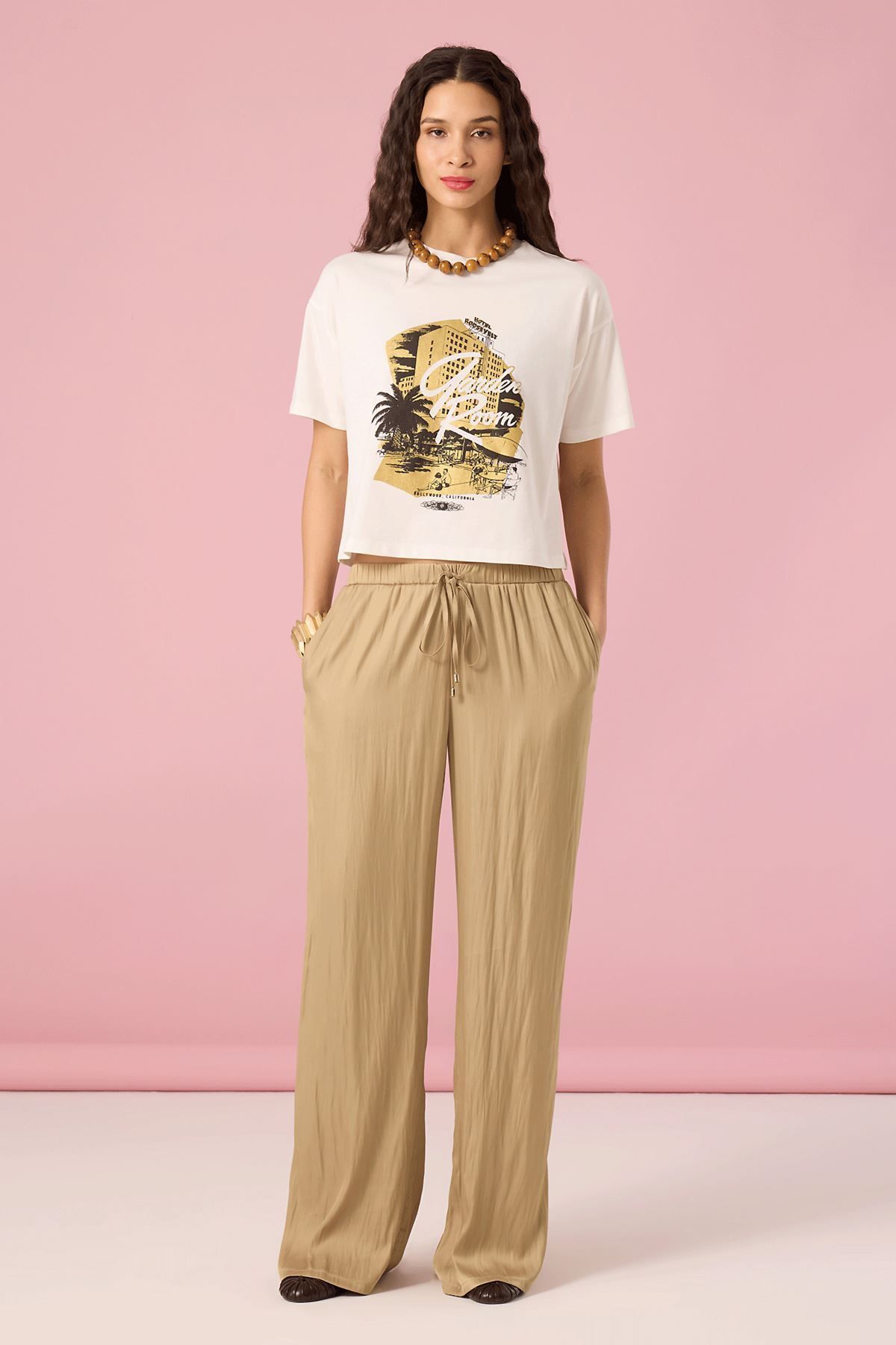 UPGRADE Baskılı Crop T-Shirt Ekru