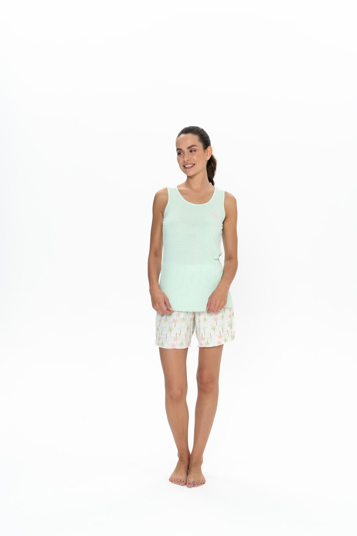 U.S. Polo Assn. U.S. Polo Assn. Kadın Mint Palmiye Desen Şort-Atlet Pijama Takımı - ARASS20J08W0J