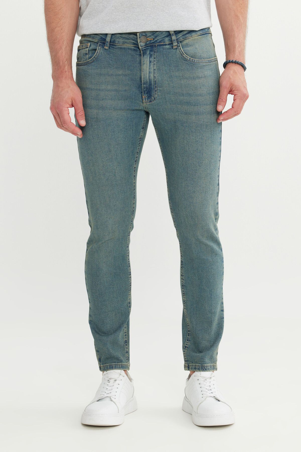 AC&Co / Altınyıldız Classics Erkek Petrol Mavisi Pamuklu Ekstra Slim Fit Dar Kesim 5 Cep Esnek Kot Denim Jean Pantolon