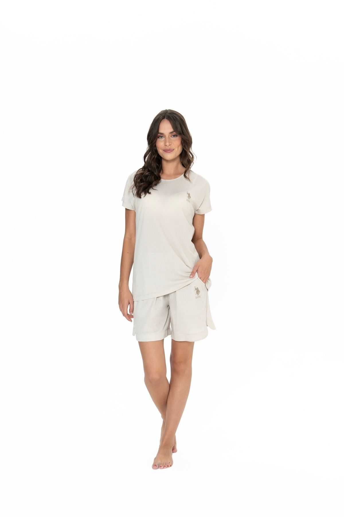 U.S. Polo Assn. U.S. Polo Assn. Kadın Bej Tek Renk Şort-Tshirt Pijama Takımı - ARASS20W04W9W