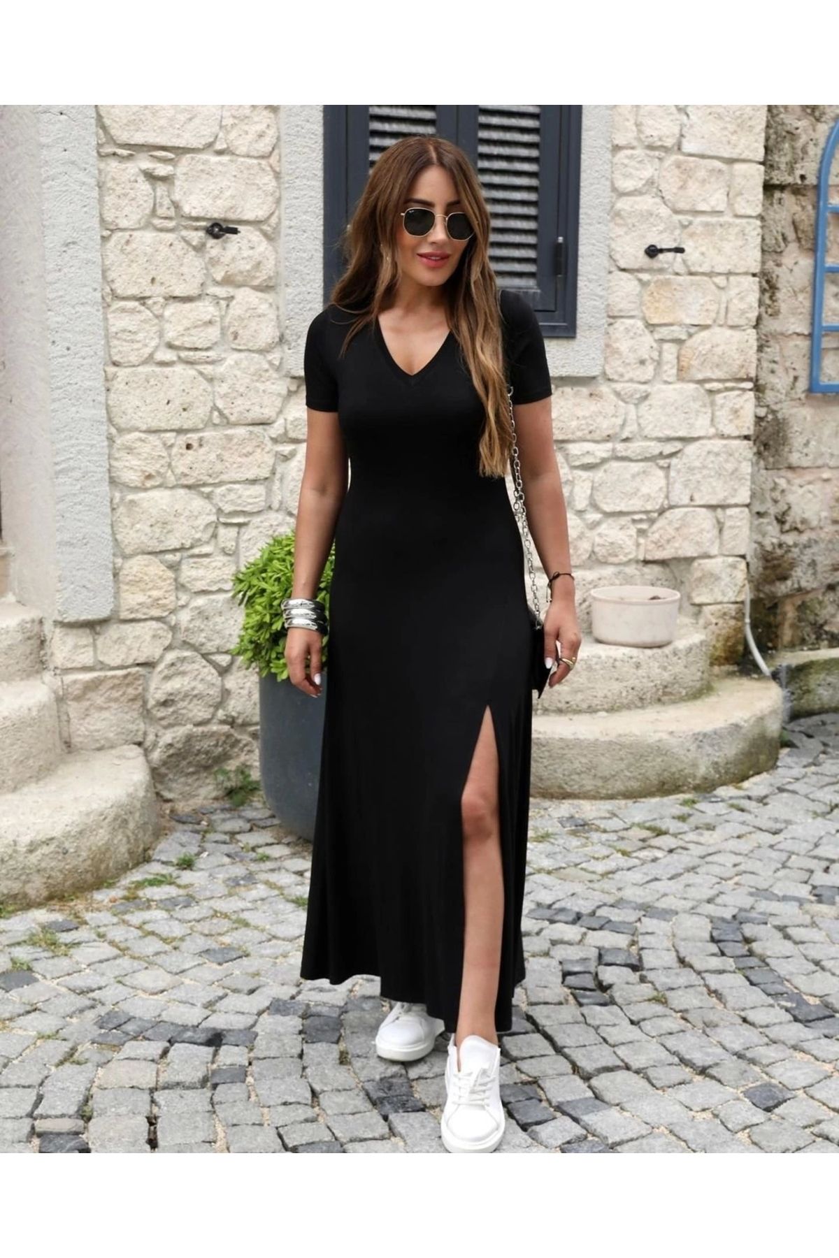 nedo7 Kadın Kısa Kollu V Yaka Maxi Boy Elbise 124 Cm