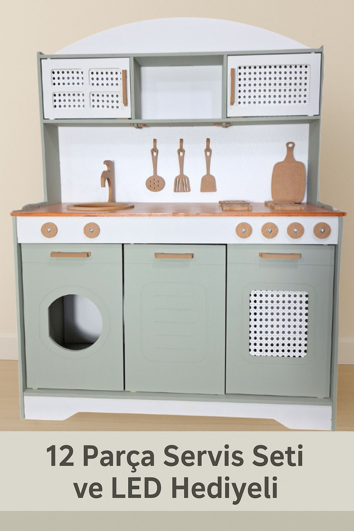 hedefixtoys Green Wooden Toy Kitchen with 12 Pieces Service Set and Led Gift
