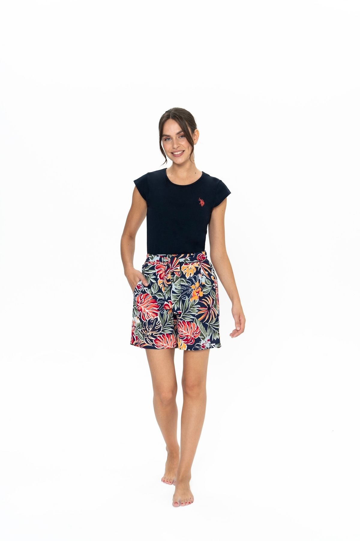 U.S. Polo Assn. U.S. Polo Assn. Kadın Lacivert Yaprak Desen Şort-Tshirt Pijama Takımı - ARASS20W02W7W