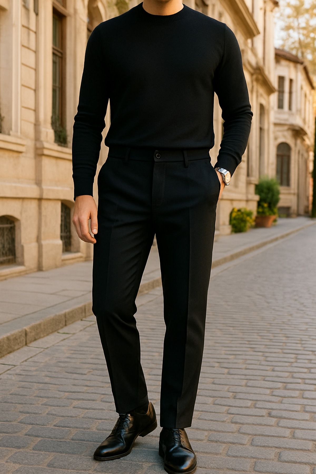 Tutals Erkek Siyah Renk İtalyan Kesim Bilek Boy Slim Fit Rahat Kalıp Kumaş Pantolon