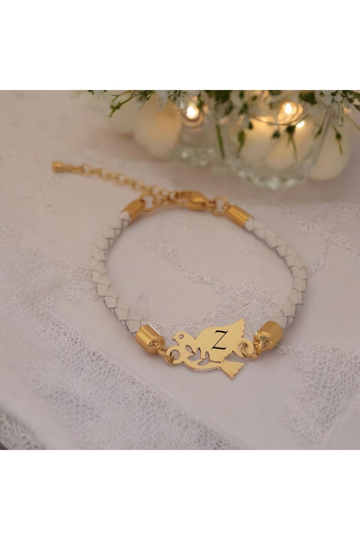 ARCHINO GOLD 14 Ayar Altın Plakalı Hakiki Derili Bayanlar İçin Kuş Motifli Z Harfine Özel Bileklik-425harf-beyaz