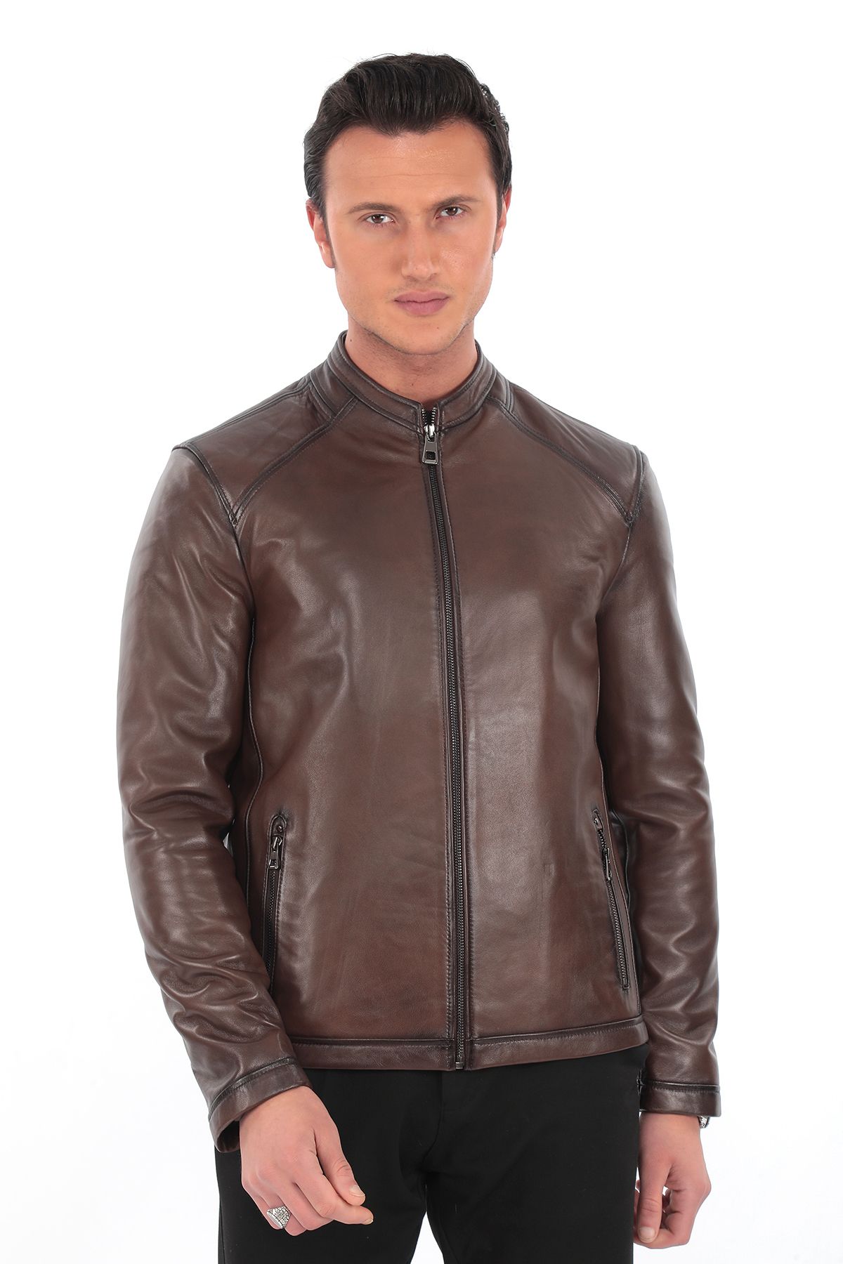 NEWZAYA Hakiki Deri Slim Fit Erkek Ceket | Kahverengi